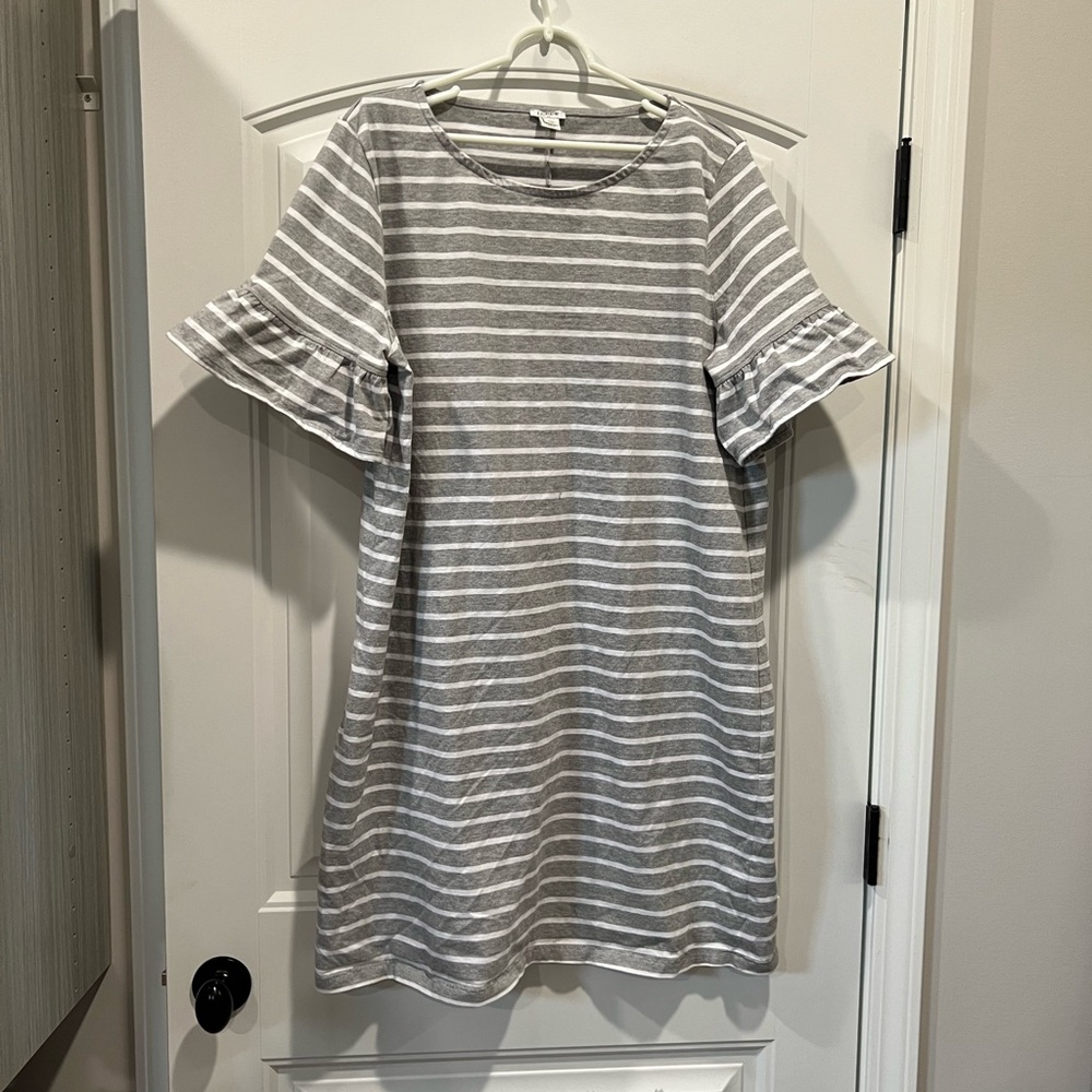 J. Crew Gray & White Striped Ruffle-Sleeve Mini Dress